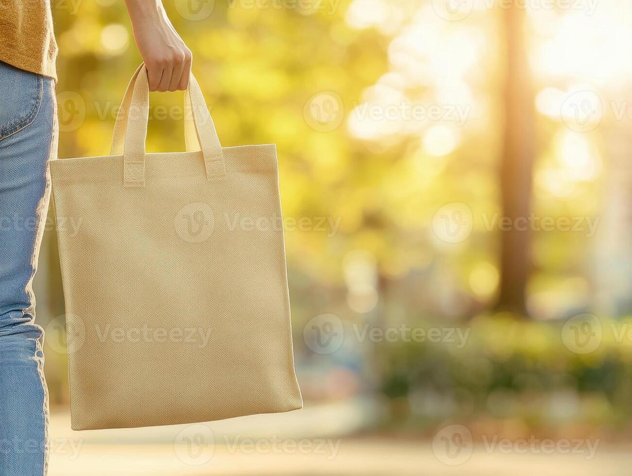 person holding beige tote bag in sunlit park, surrounded by greenery, evokes sense of tranquility and connection with nature photo