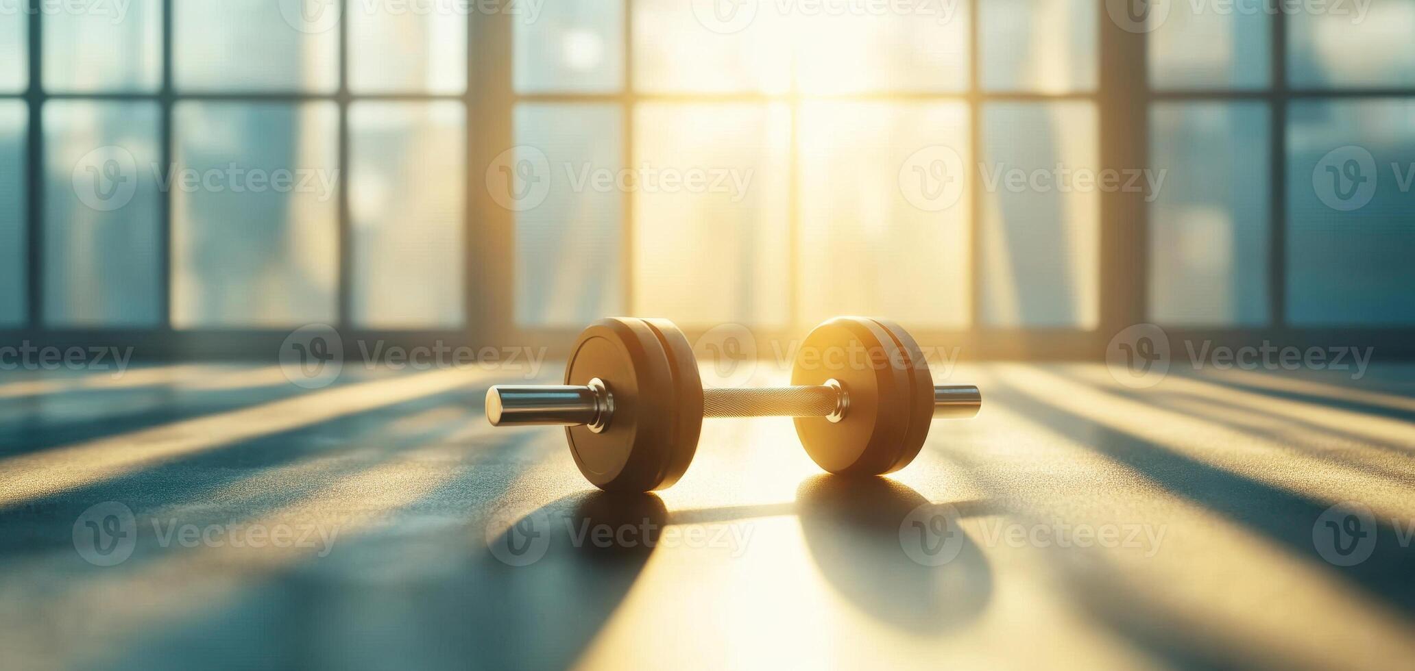 high angle view of dumbbell on workout bench, illuminated by sunlight streaming through large windows, creating warm and motivating atmosphere for fitness enthusiasts photo