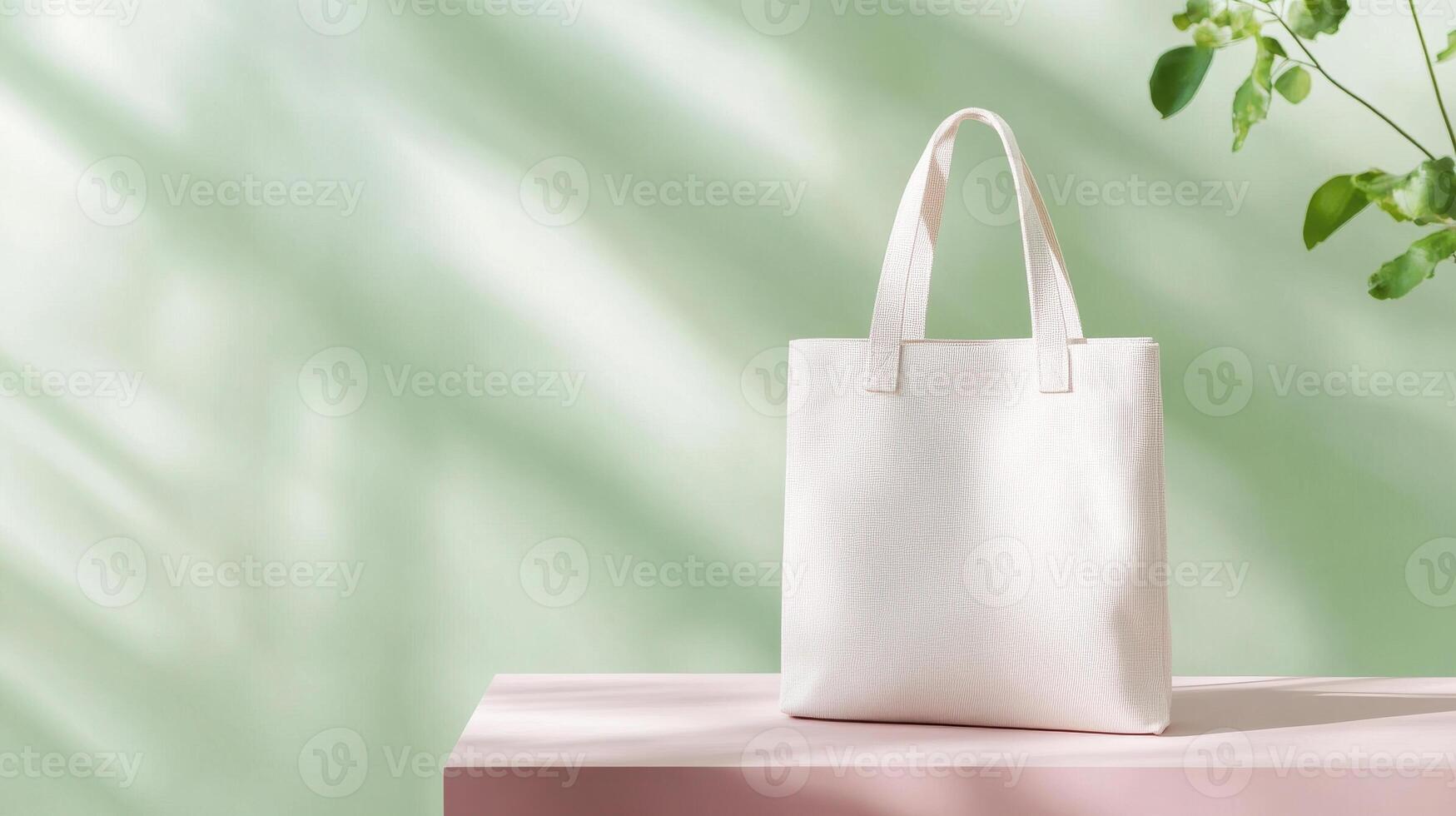 minimalist white tote bag on pastel pink surface with green background. soft shadows create serene atmosphere, perfect for modern decor photo