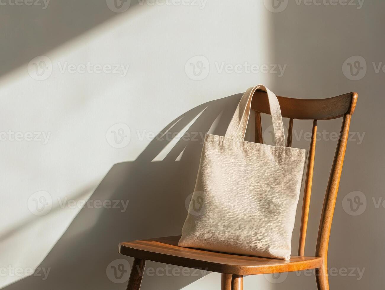 simple tote bag rests elegantly on wooden chair, casting soft shadows on wall. warm tones create serene atmosphere, perfect for showcasing minimalist design photo