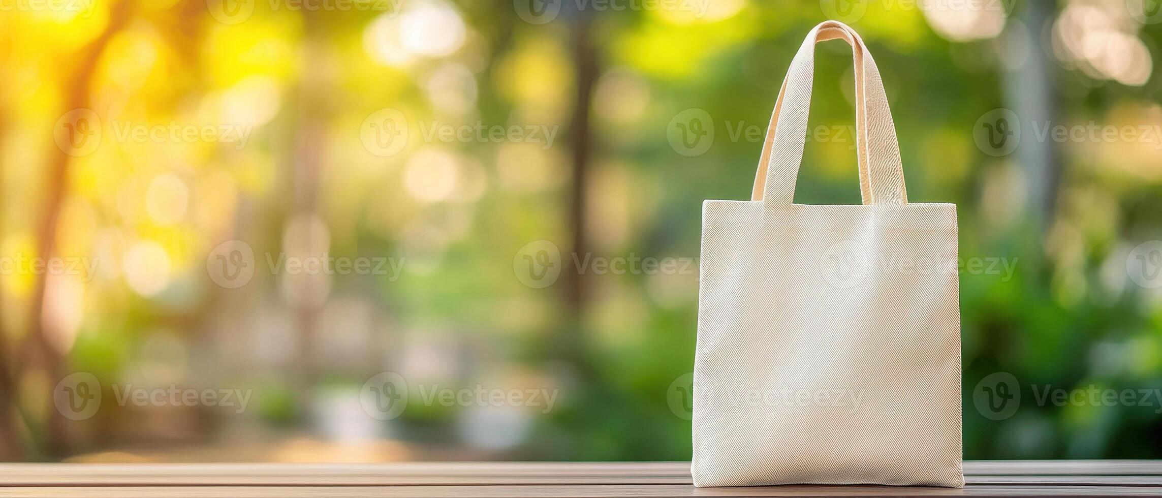 Stylish tote bag on wooden table in sunny outdoor setting, perfect for summer outings. natural light enhances its casual appeal and versatility photo