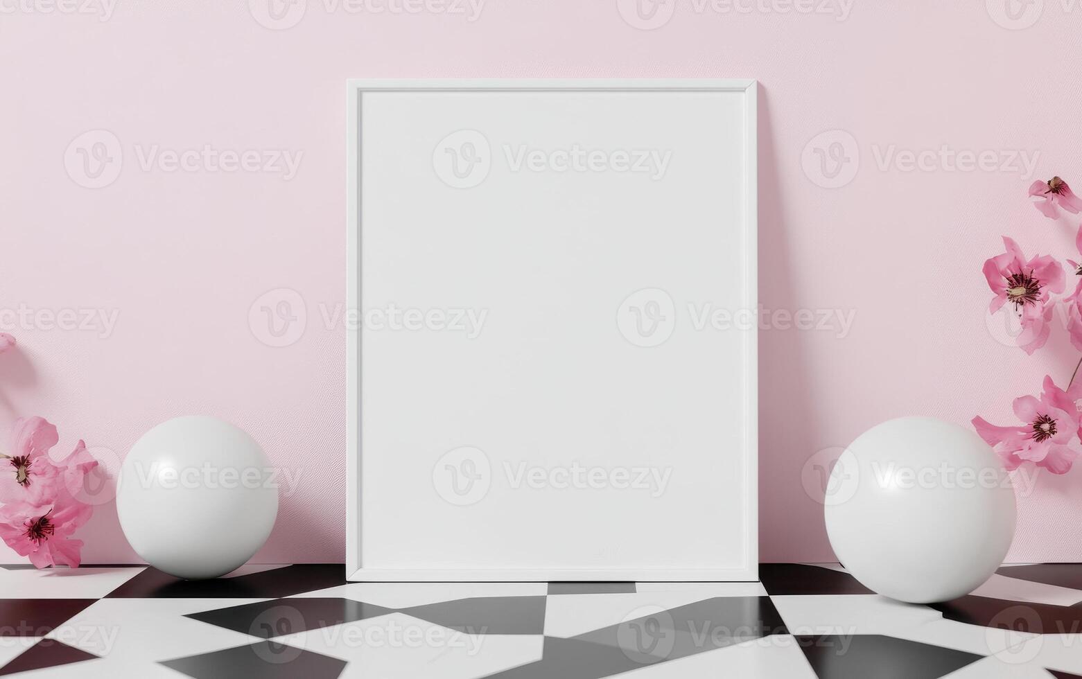 blank white frame mockup on patterned floor with pink flowers and spheres creates serene and modern atmosphere. Perfect for showcasing artwork or photography photo