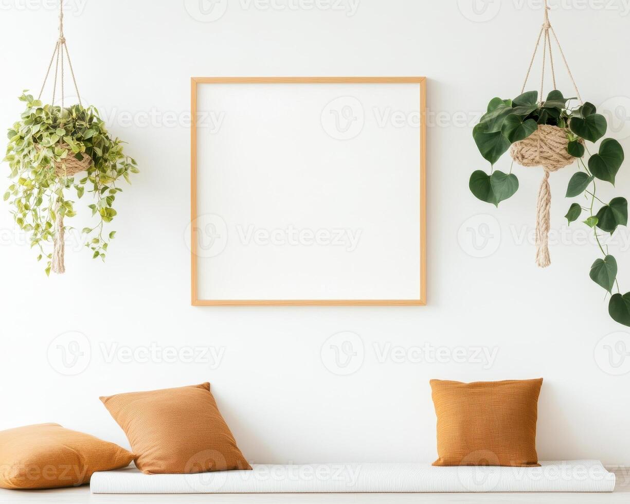 blank white frame mockup in minimalist yoga studio with hanging plants, creating serene atmosphere. Perfect for showcasing art or inspirational quotes photo