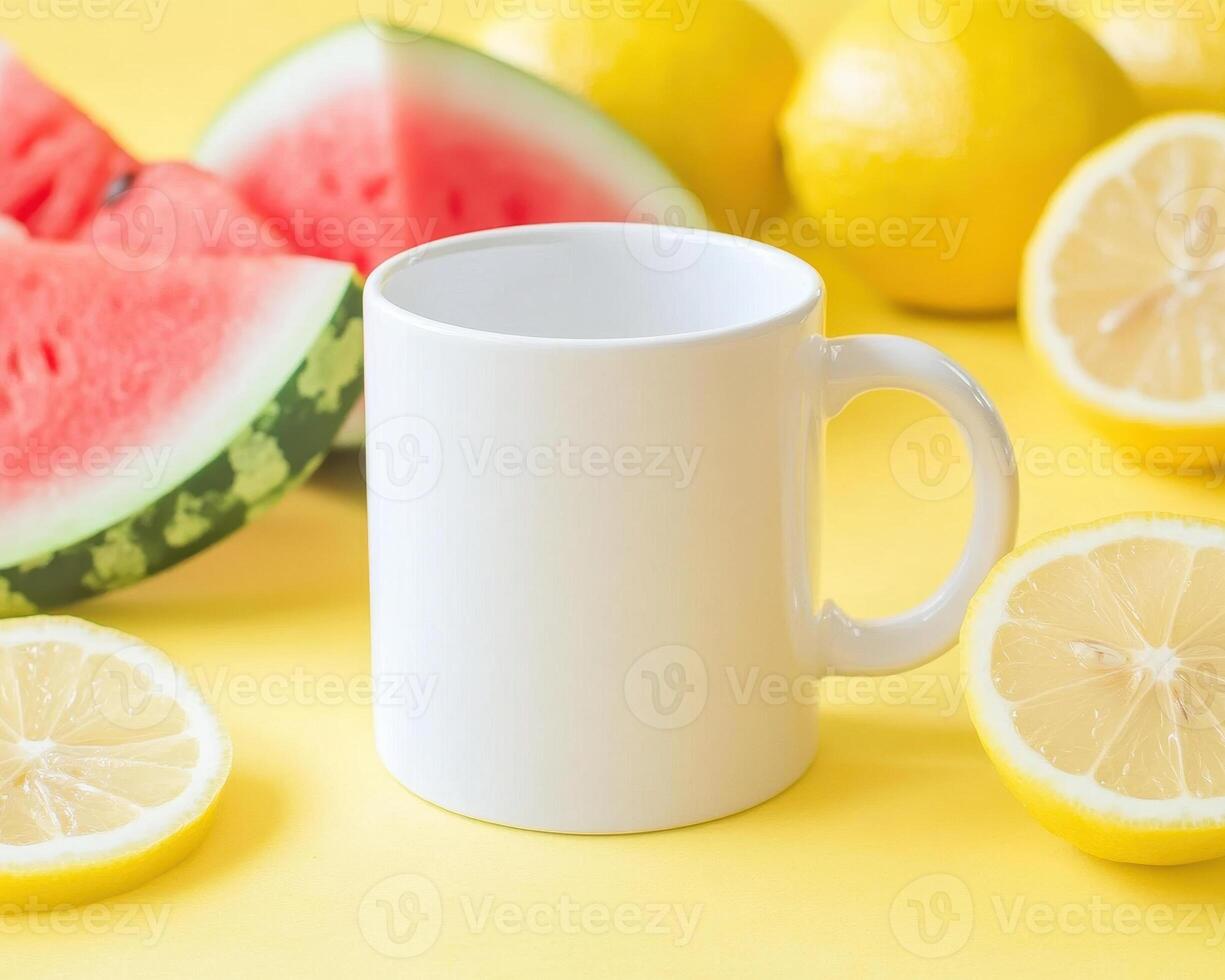 blank white mug surrounded by fresh watermelon and lemons on vibrant yellow background creates cheerful and refreshing scene photo