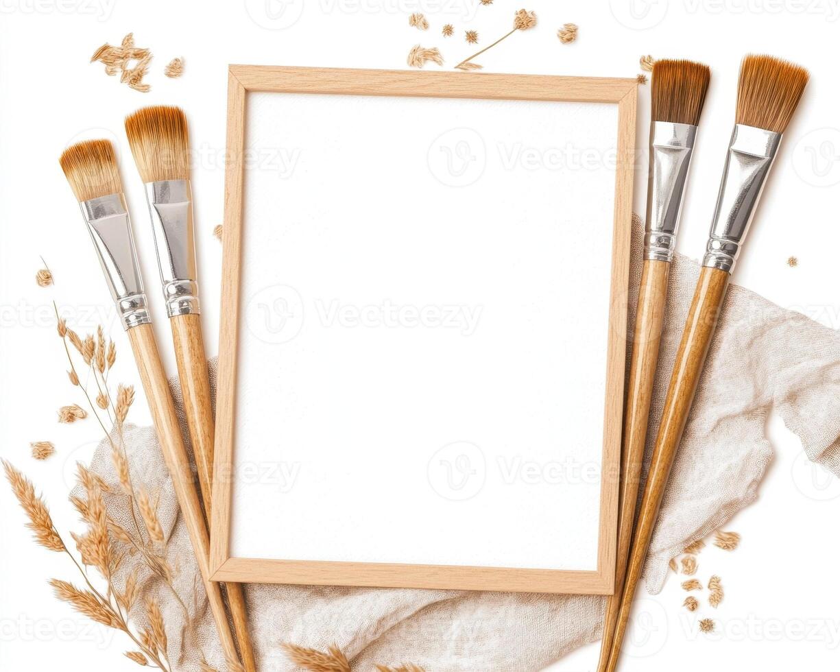 wooden frame surrounded by paintbrushes and dried flowers, perfect for showcasing art. composition evokes creativity and inspiration in modern art studio photo