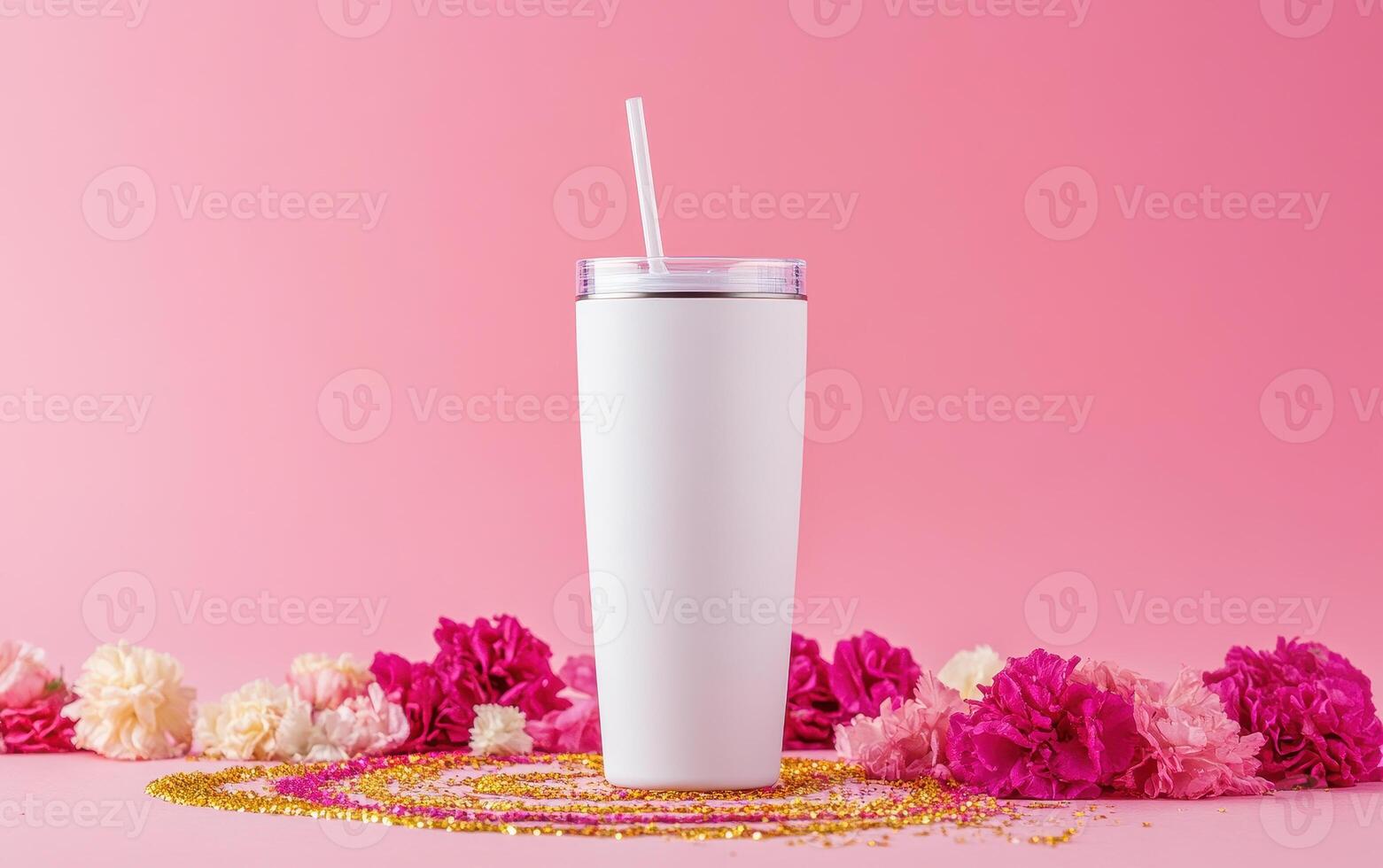 sleek white tumbler stands against pink background, surrounded by vibrant flowers and sparkling decorations, creating cheerful and inviting atmosphere photo