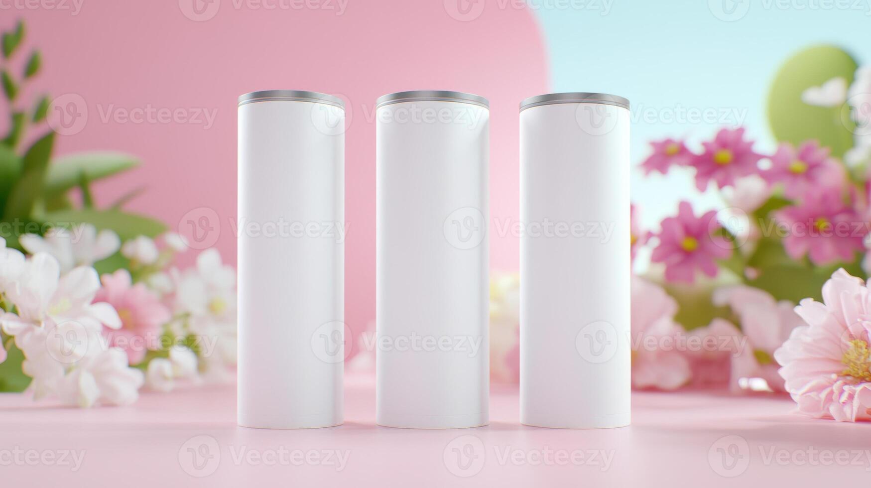 Minimalist design of three blank white 20 oz containers surrounded by flowers, creating fresh and vibrant atmosphere. Perfect for showcasing product branding photo