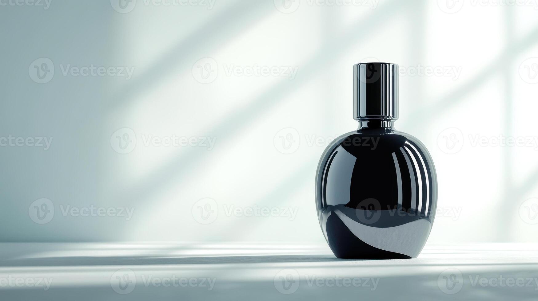 Elegant oval shaped bottle with glossy finish, perfect for modern luxury. soft shadows create serene atmosphere, enhancing its sophisticated design photo