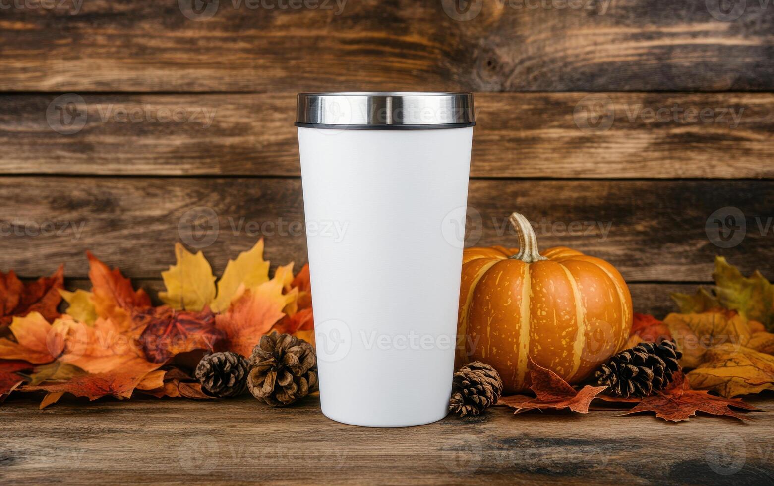 blank white tumbler mockup surrounded by autumn leaves, pumpkin, and pine cones, perfect for seasonal promotions and cozy vibes photo