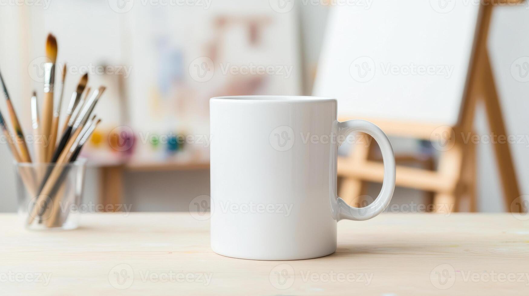 blank white mug sits on wooden table in artist studio, surrounded by paintbrushes and easels, inviting creativity and inspiration photo