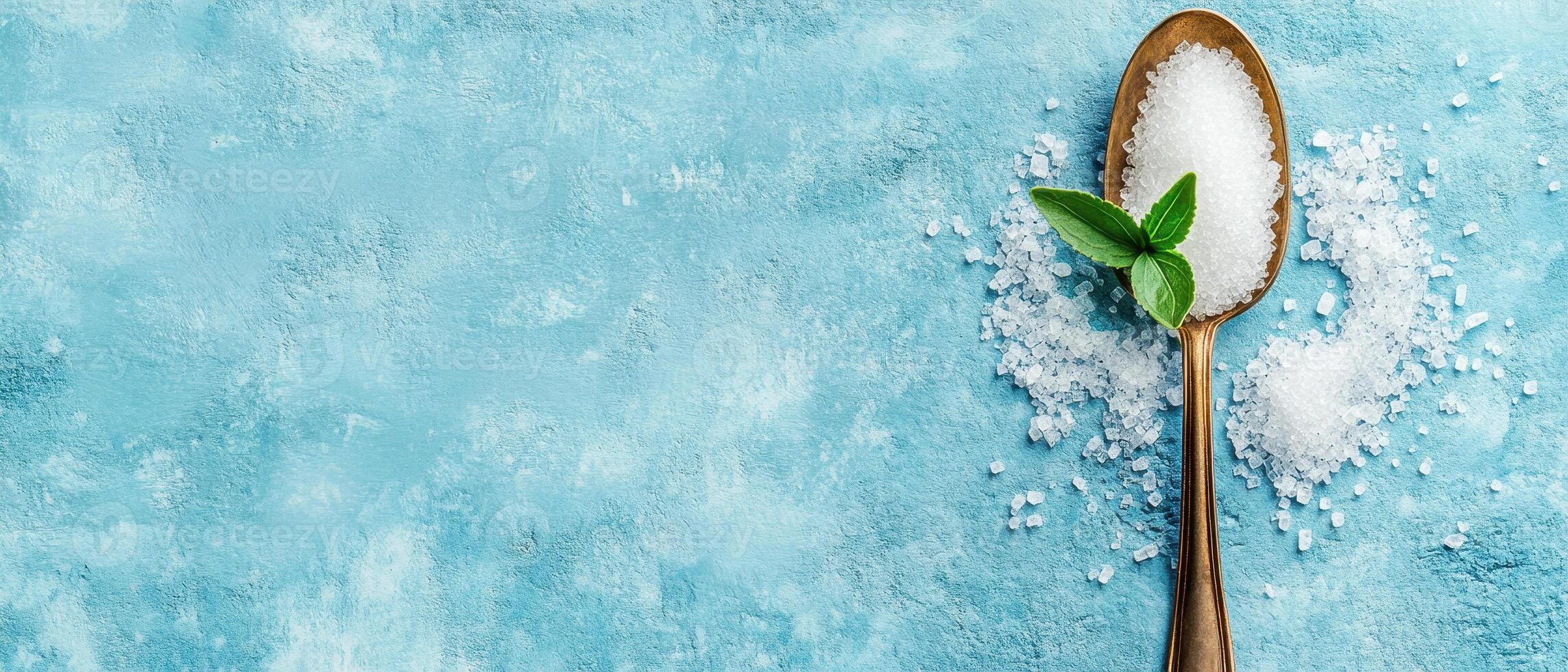 single spoon of salt with fresh mint leaves on blue background creates refreshing and clean aesthetic. contrast of textures adds visual interest photo