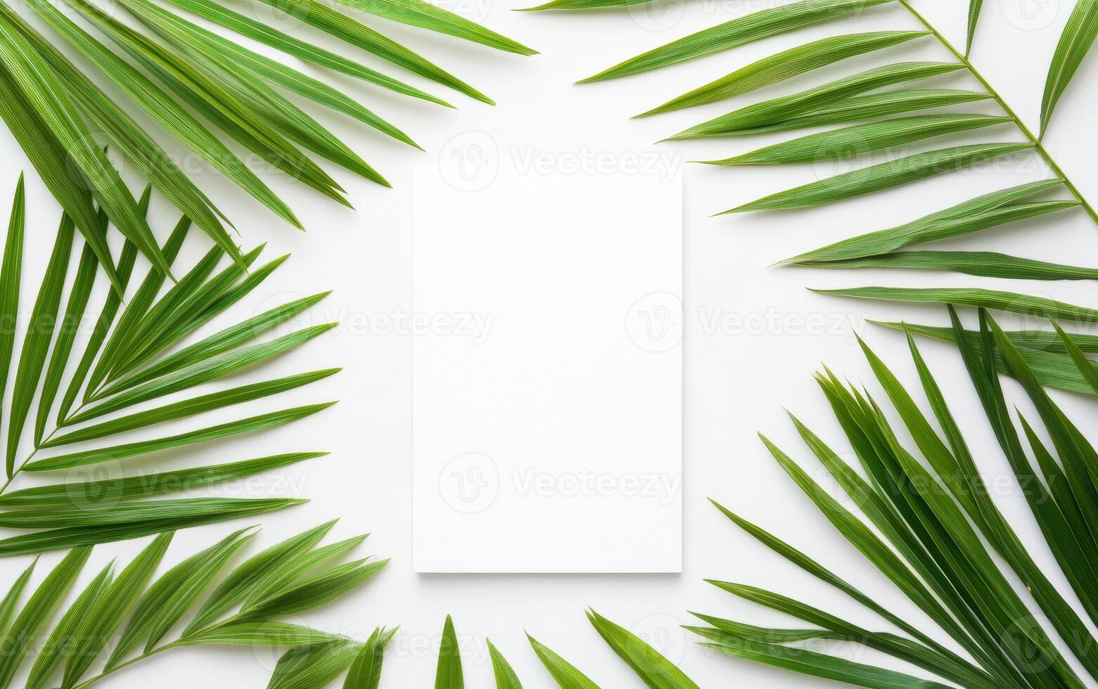 blank frame surrounded by tropical palm leaves creates serene and inviting atmosphere, perfect for showcasing art or messages photo