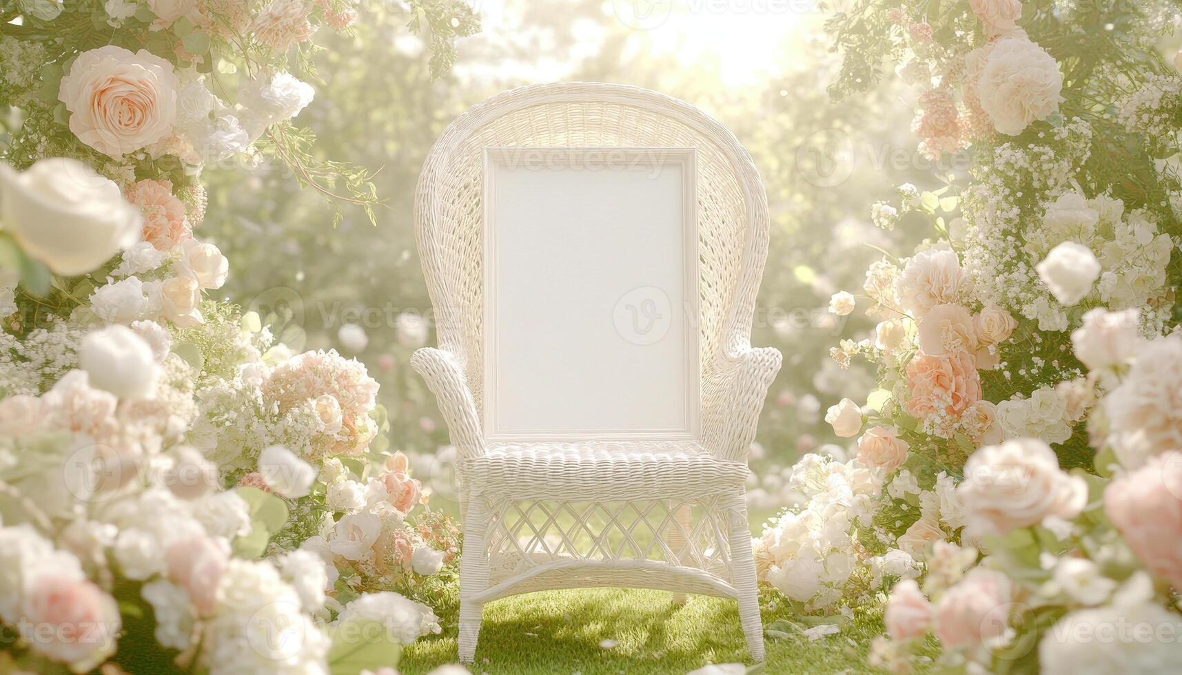 blank white frame mockup surrounded by beautiful garden filled with roses and flowers, creating serene and romantic atmosphere photo
