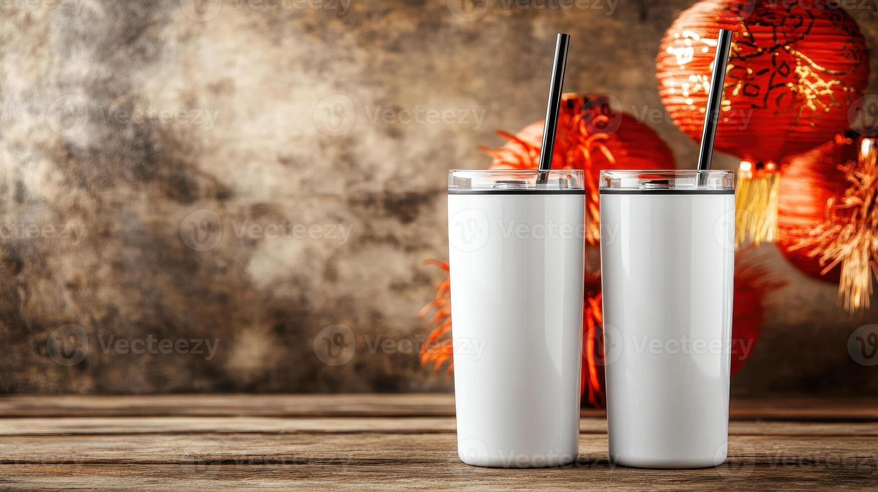 White skinny tumblers with black straws on wooden table, surrounded by festive lanterns. Perfect for celebrations and gatherings photo