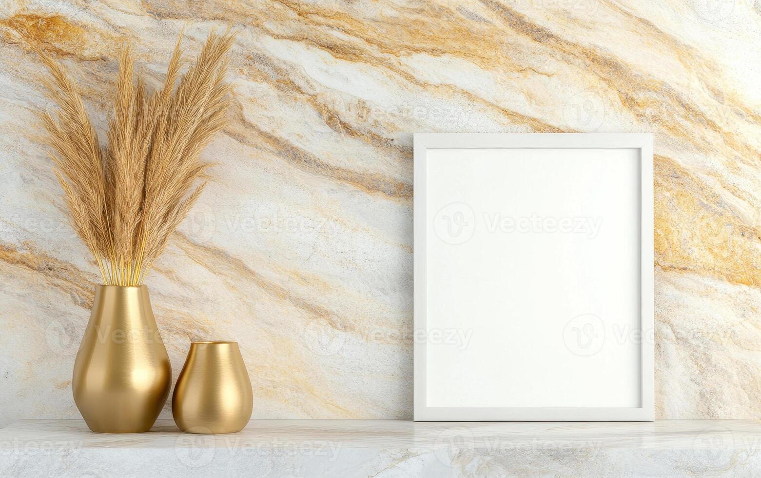 blank white frame mockup on marble background with golden vases and dried plants creates stylish and elegant decor. This setup is perfect for showcasing art or photography photo