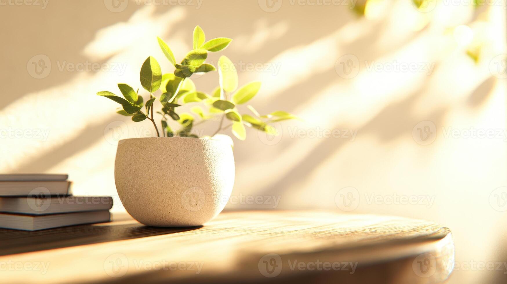 minimalist plant in white pot on wooden table, illuminated by soft sunlight, creating serene atmosphere. Perfect for home decor or interior design inspiration photo