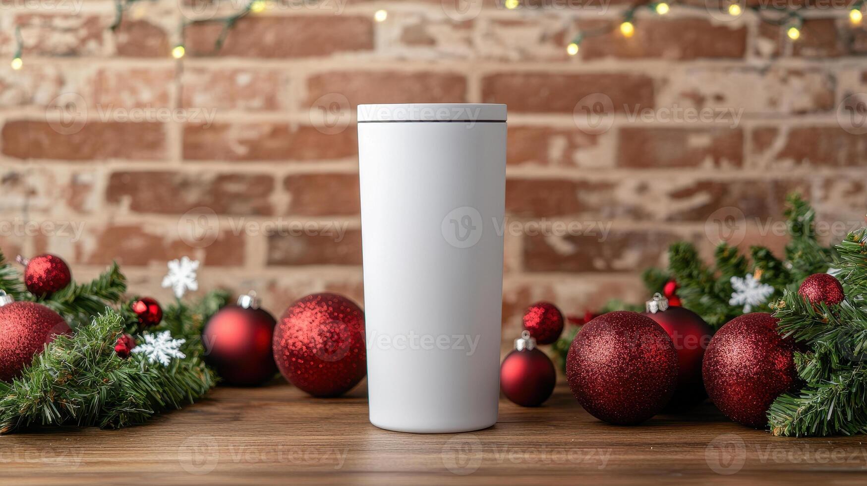 blank white tumbler stands on wooden table surrounded by festive red ornaments and greenery, creating warm holiday atmosphere photo