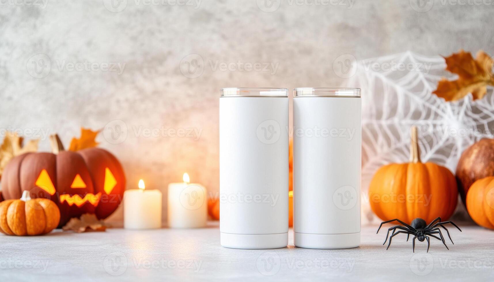 White tumblers surrounded by pumpkins, candles, and Halloween decor create festive atmosphere. Perfect for seasonal gatherings and celebrations photo