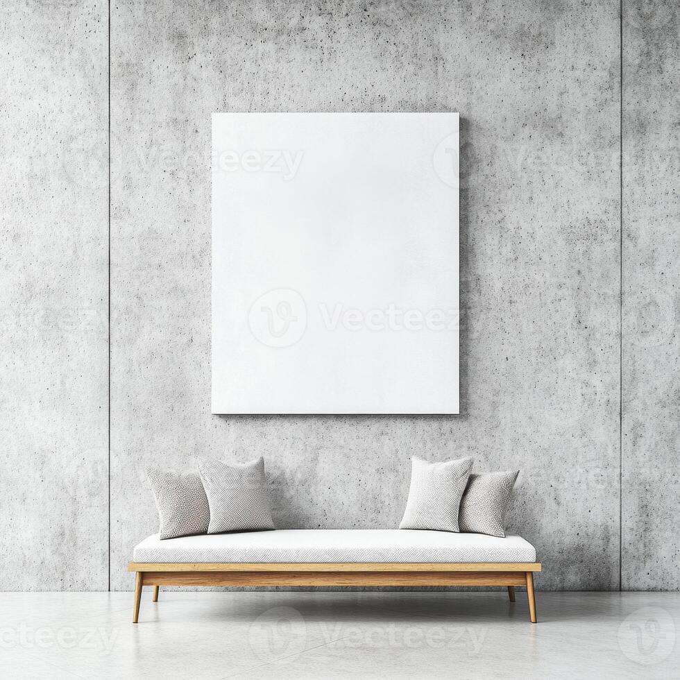 low profile sofa with decorative pillows against blank concrete wall, creating minimalist and modern aesthetic. empty s above adds to serene atmosphere photo