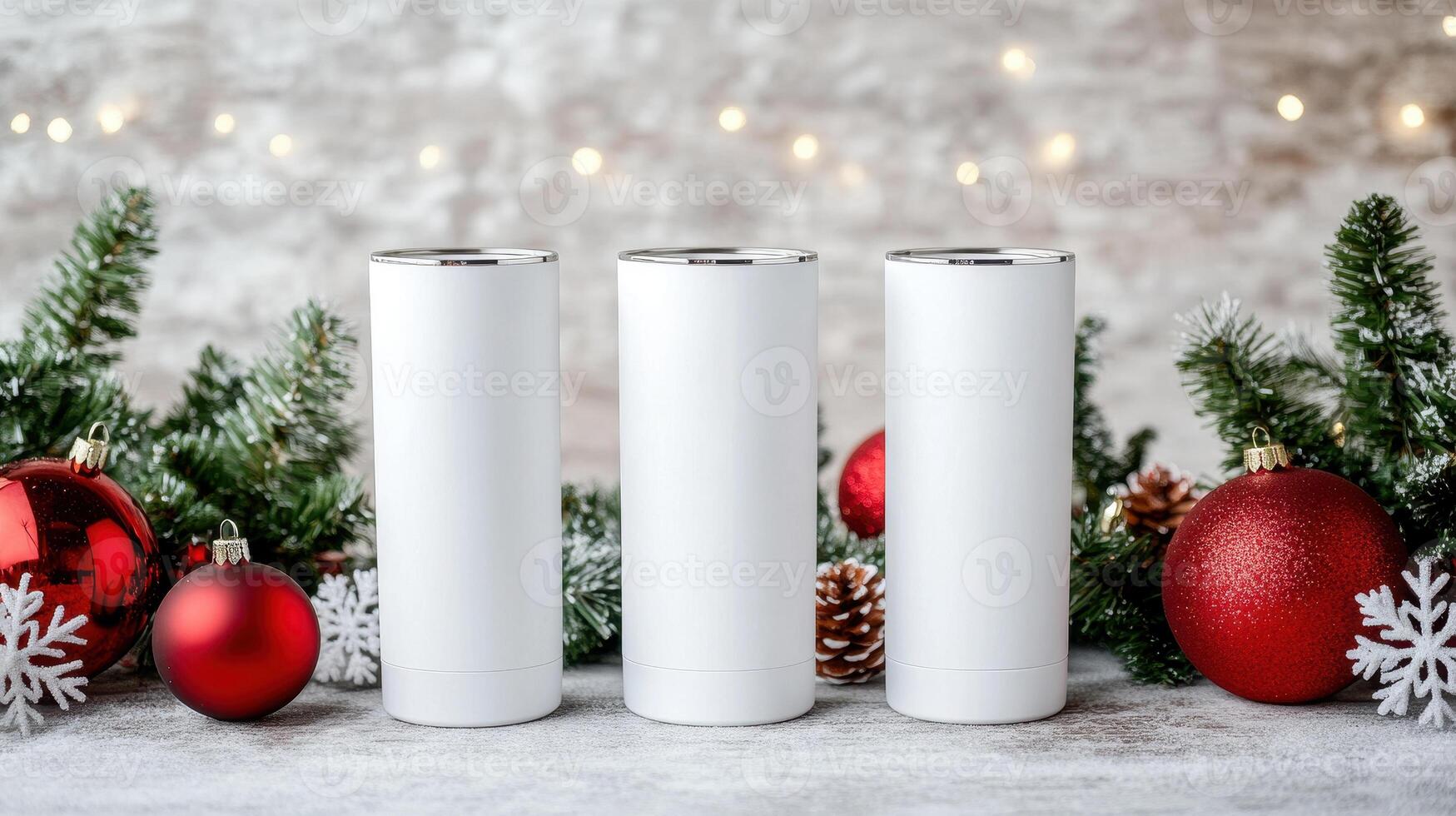 Minimalist white tumblers arranged with festive decorations, including red ornaments and pine branches, create cozy holiday atmosphere. Perfect for seasonal gatherings photo