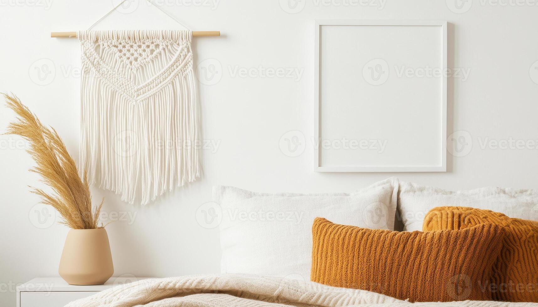 Cozy bohemian bedroom with macrame wall art, neutral tones, and warm accents. inviting atmosphere features blank frame, decorative pillows, and stylish vase photo