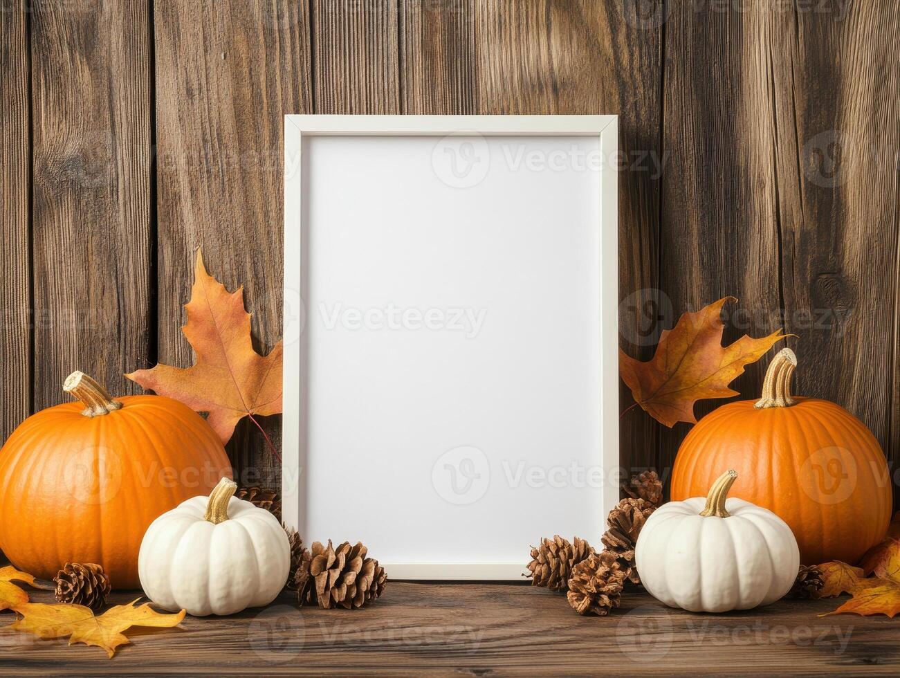 blank white frame mockup surrounded by autumn leaves, pumpkins, and pine cones creates warm, inviting atmosphere perfect for seasonal decor photo