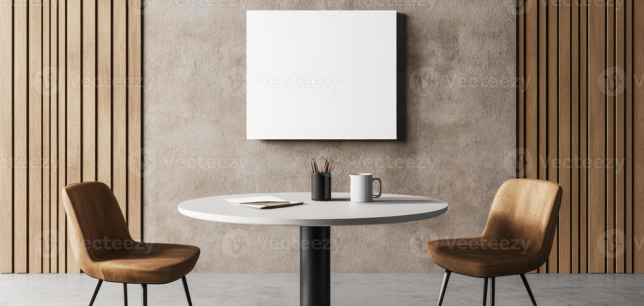 modern office interior featuring round table, two brown chairs, and blank white frame on wall, creating minimalist and inviting atmosphere photo