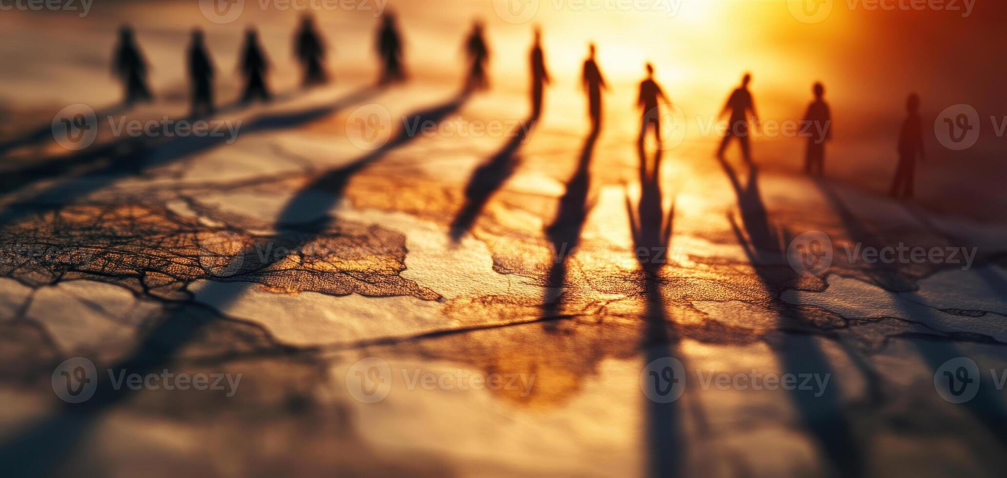 Silhouettes of people casting long shadows on textured surface at sunset, creating dramatic and artistic scene photo