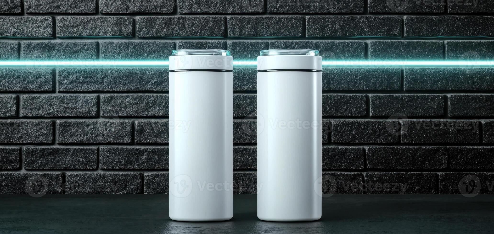 Minimalist design of two white containers against dark brick wall, illuminated by neon light. Perfect for modern decor or product display photo