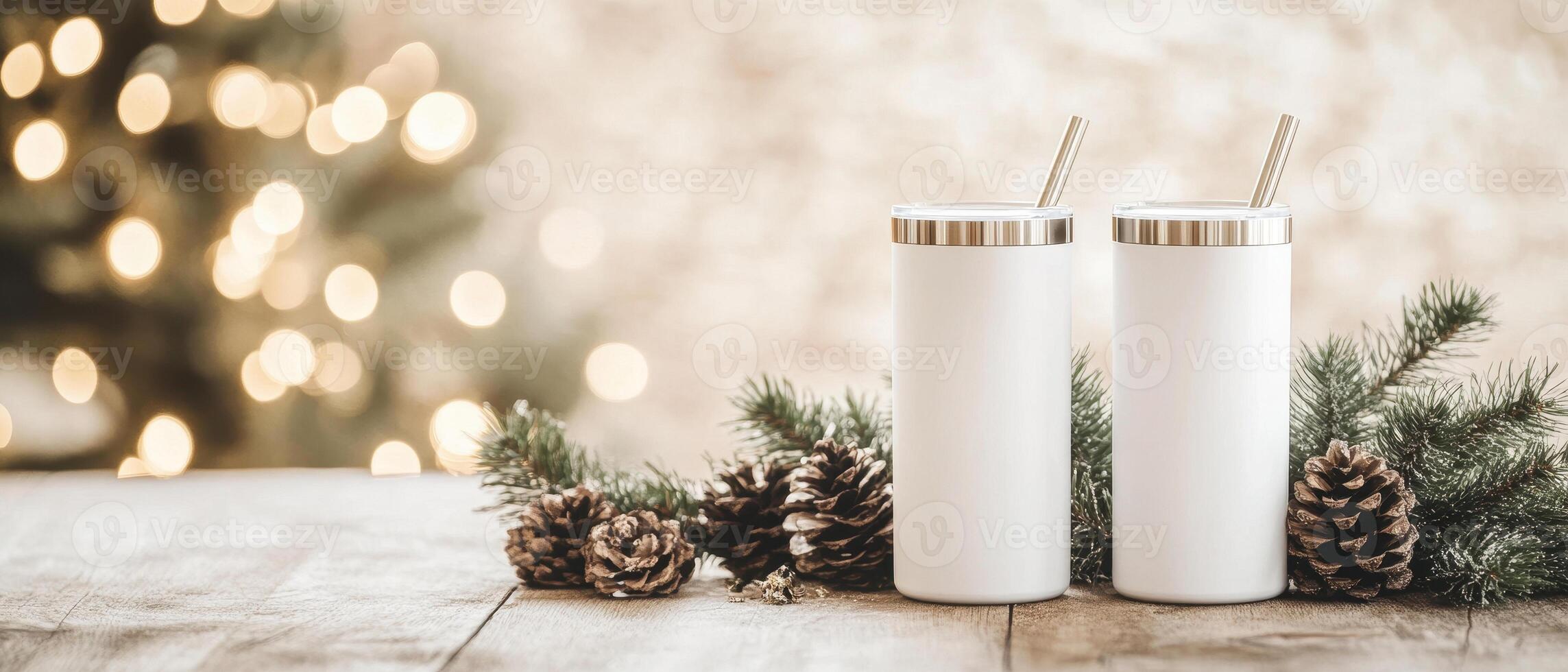 Minimalist white tumblers with metal straws, surrounded by pinecones and greenery, create cozy holiday atmosphere. Perfect for festive gatherings and seasonal celebrations photo