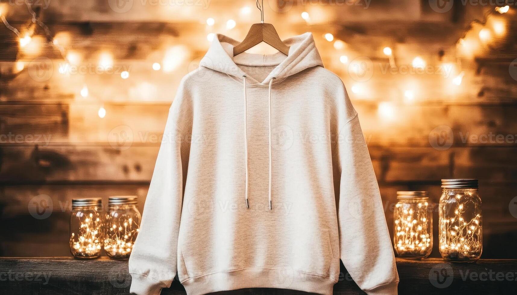 cozy hoodie displayed against rustic wooden backdrop with warm fairy lights, creating charming and inviting atmosphere. Perfect for casual wear or cozy nights photo