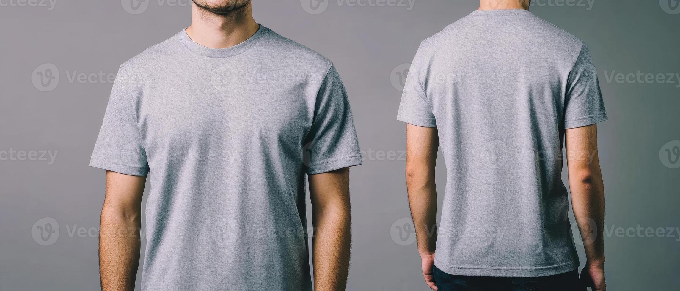 grey t shirt displayed from front and back views, showcasing its simple design and comfortable fit. Ideal for casual wear or layering photo