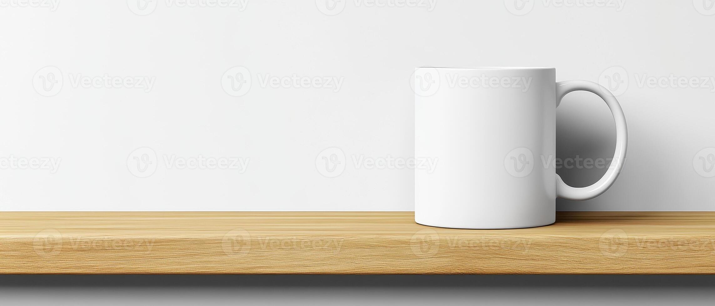 minimalistic white mug on wooden shelf against plain background, perfect for showcasing designs or branding. Ideal for product mockups and presentations photo