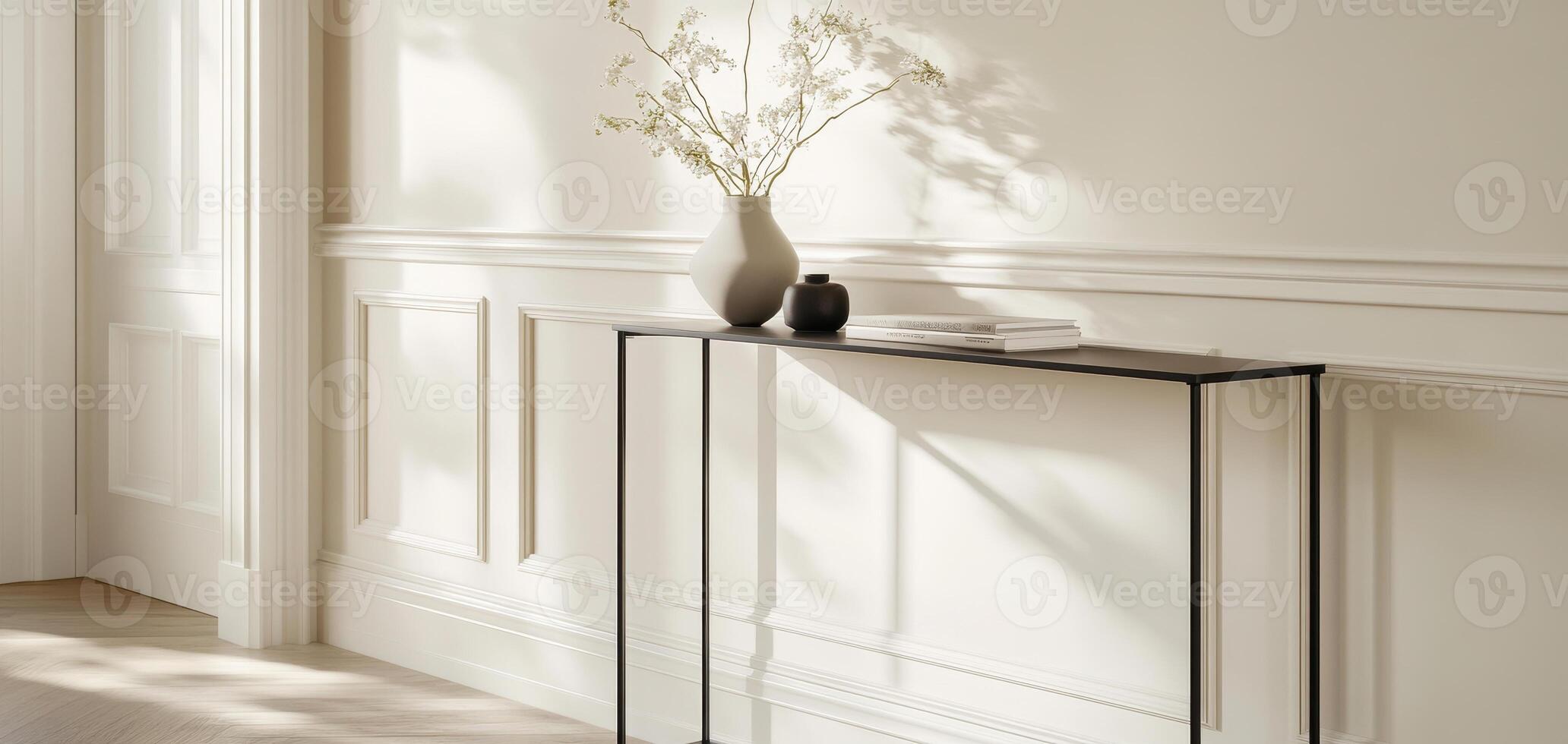 minimal frame mockup featuring sleek console table against light wall, adorned with vase and decorative items, creating serene and elegant atmosphere photo