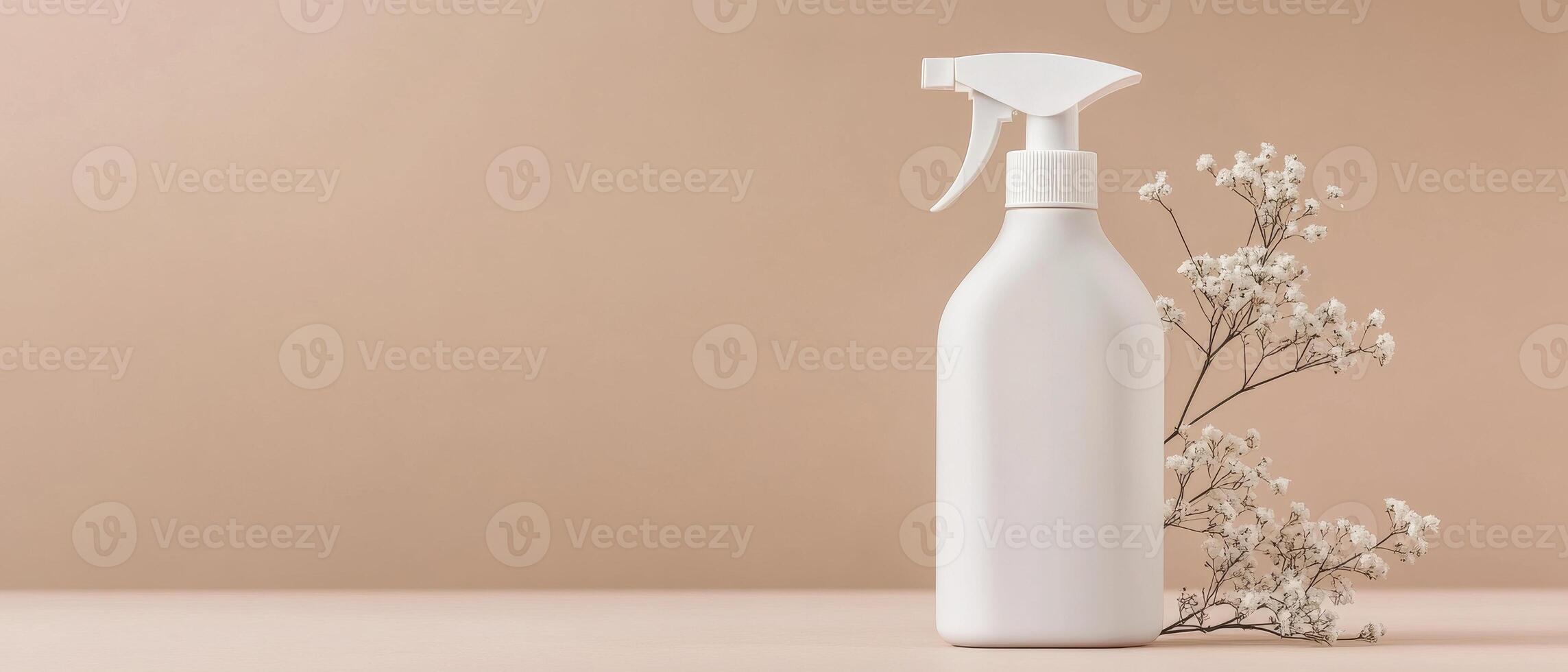 matte white spray bottle with sleek design, accompanied by delicate flowers, creates minimalist aesthetic. Perfect for home decor or cleaning products photo