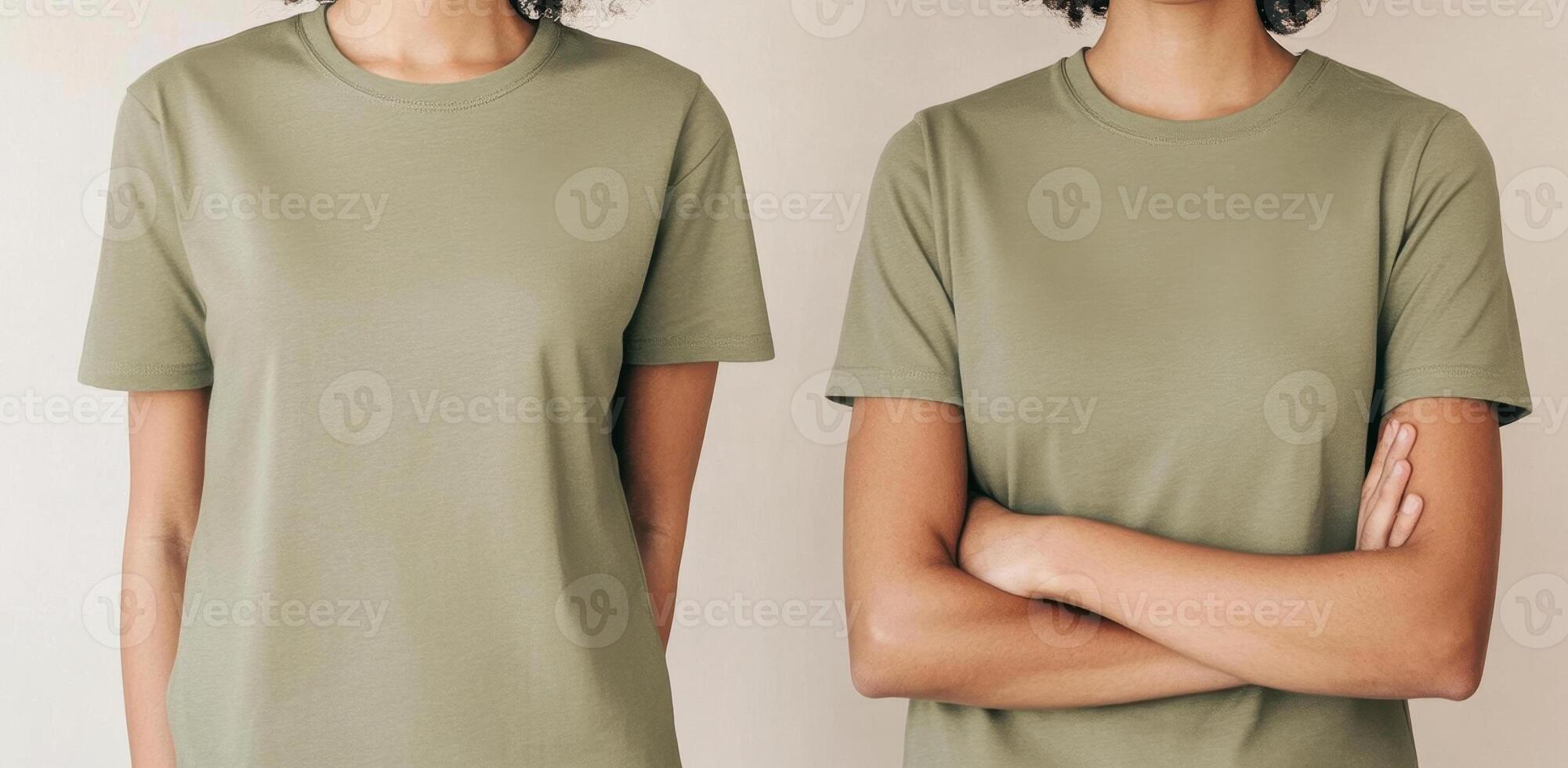 plain olive green t shirt displayed on model, showcasing front and back views. shirt features classic fit, perfect for casual wear and versatile styling options photo
