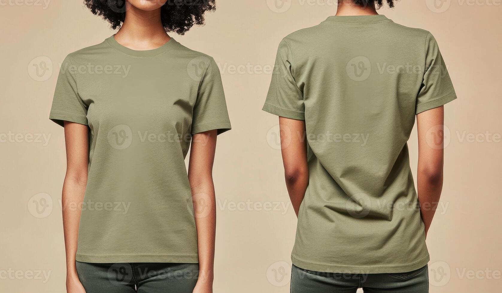 Plain olive green t shirt on model, showcasing front and back views. soft fabric and relaxed fit make it versatile wardrobe staple for casual wear photo