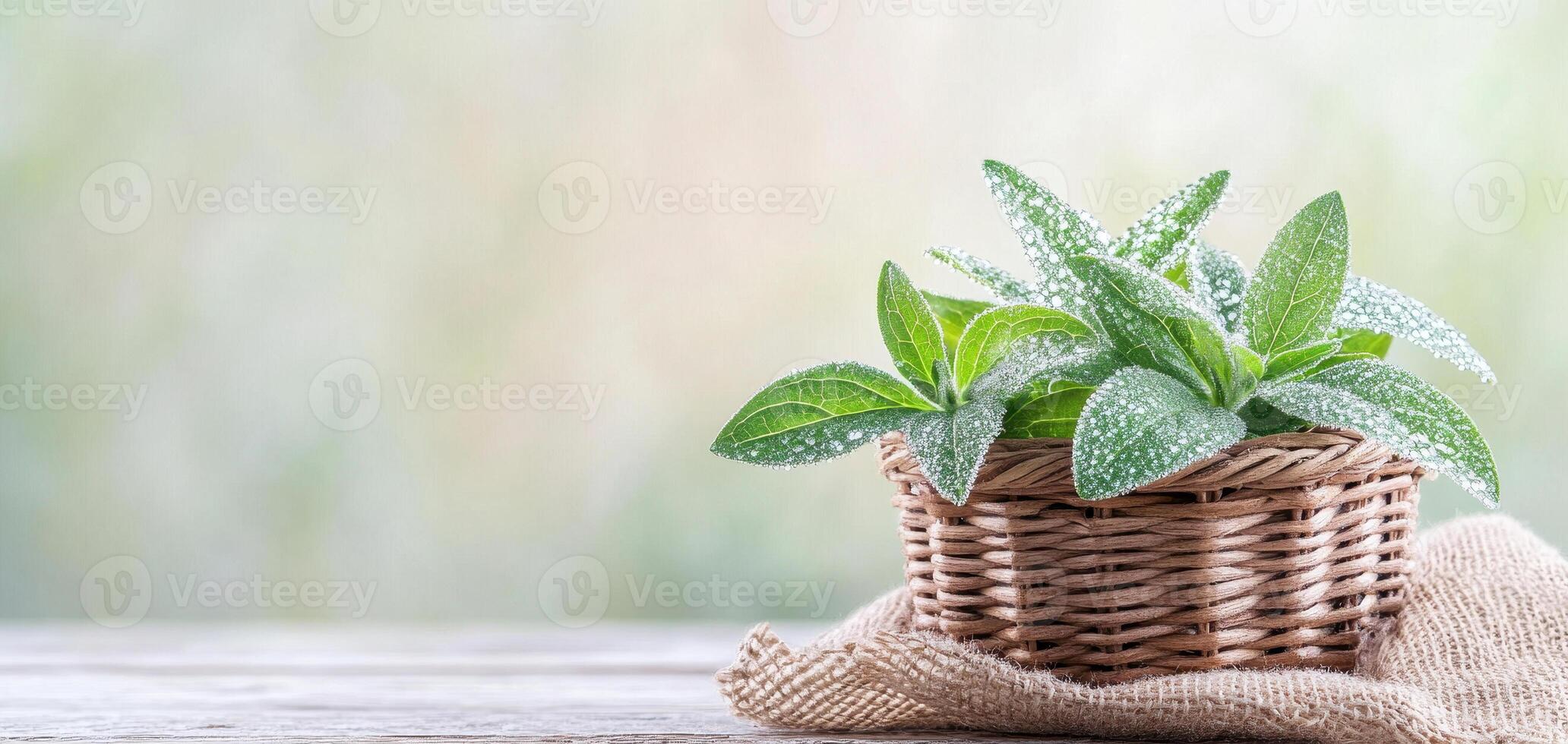 Fresh stevia leaves in handwoven basket with dew drops, showcasing nature beauty and freshness. Perfect for culinary uses or herbal remedies photo