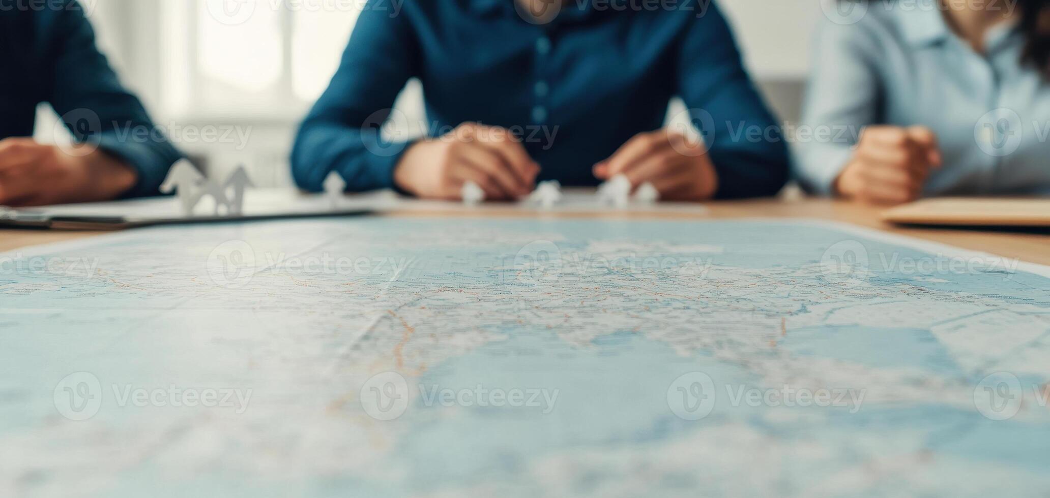 Collaborative colleagues analyzing cutout maps on table, engaged in discussion and planning. focus is on teamwork and strategy development in professional setting photo