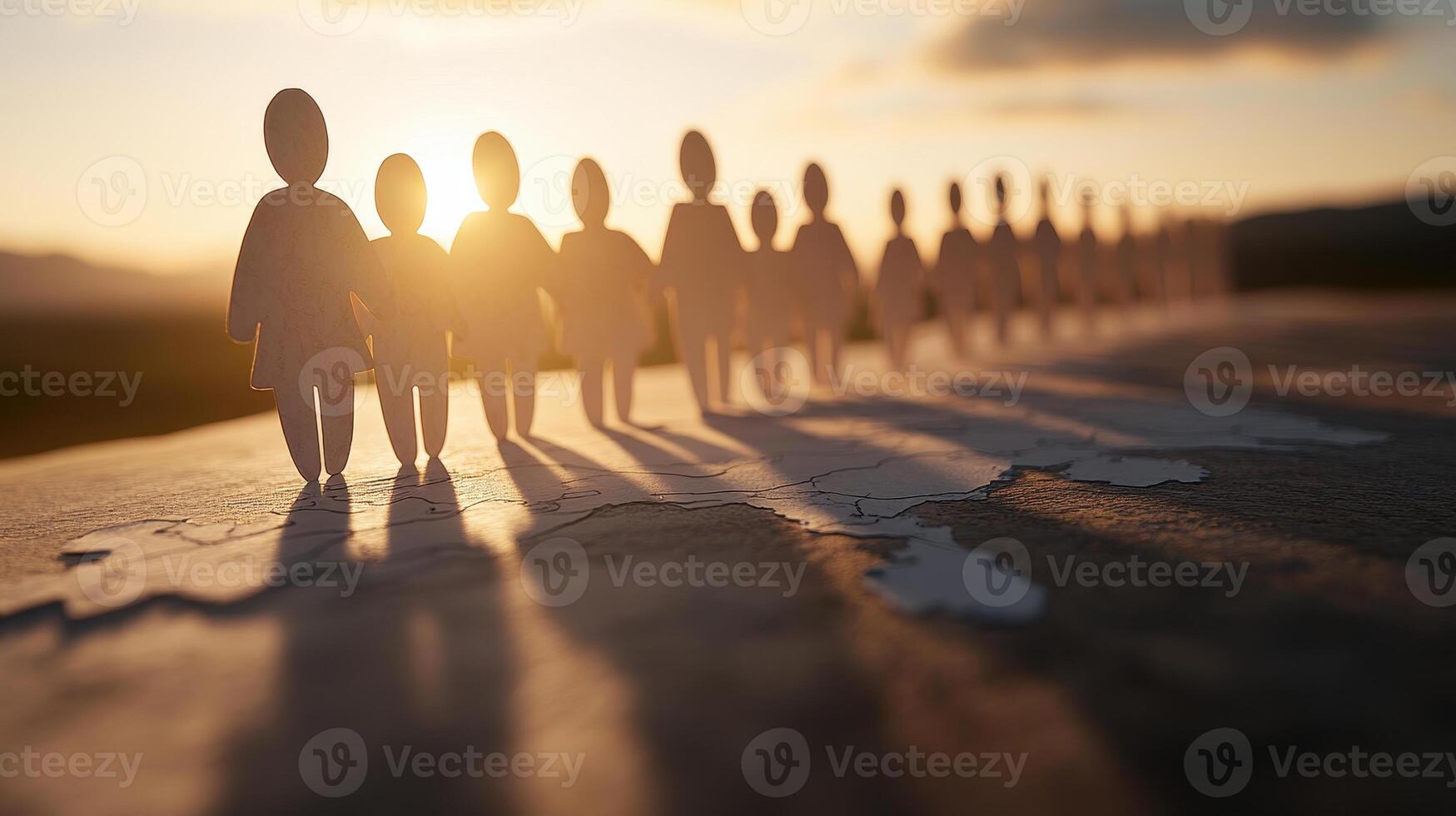 Silhouettes of paper figures standing in line, casting long shadows at sunset, symbolizing unity and teamwork in serene landscape photo