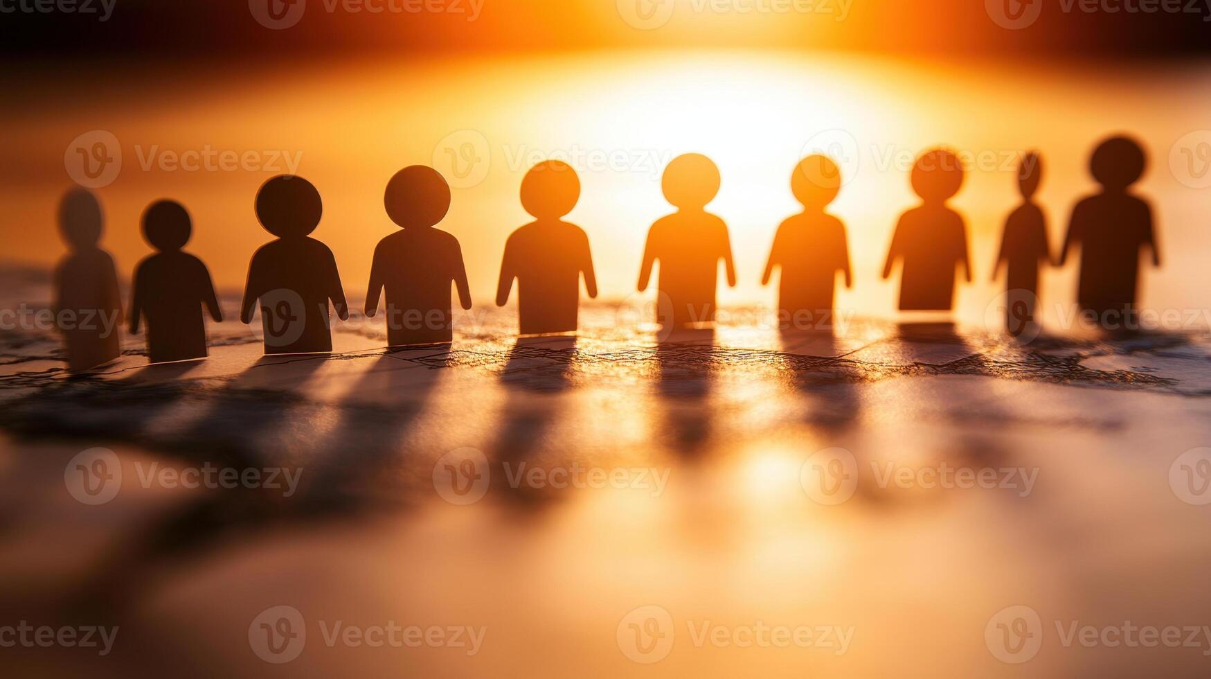 Silhouettes of paper figures standing together at sunset, symbolizing unity and community. warm glow creates serene atmosphere, highlighting connection and togetherness photo