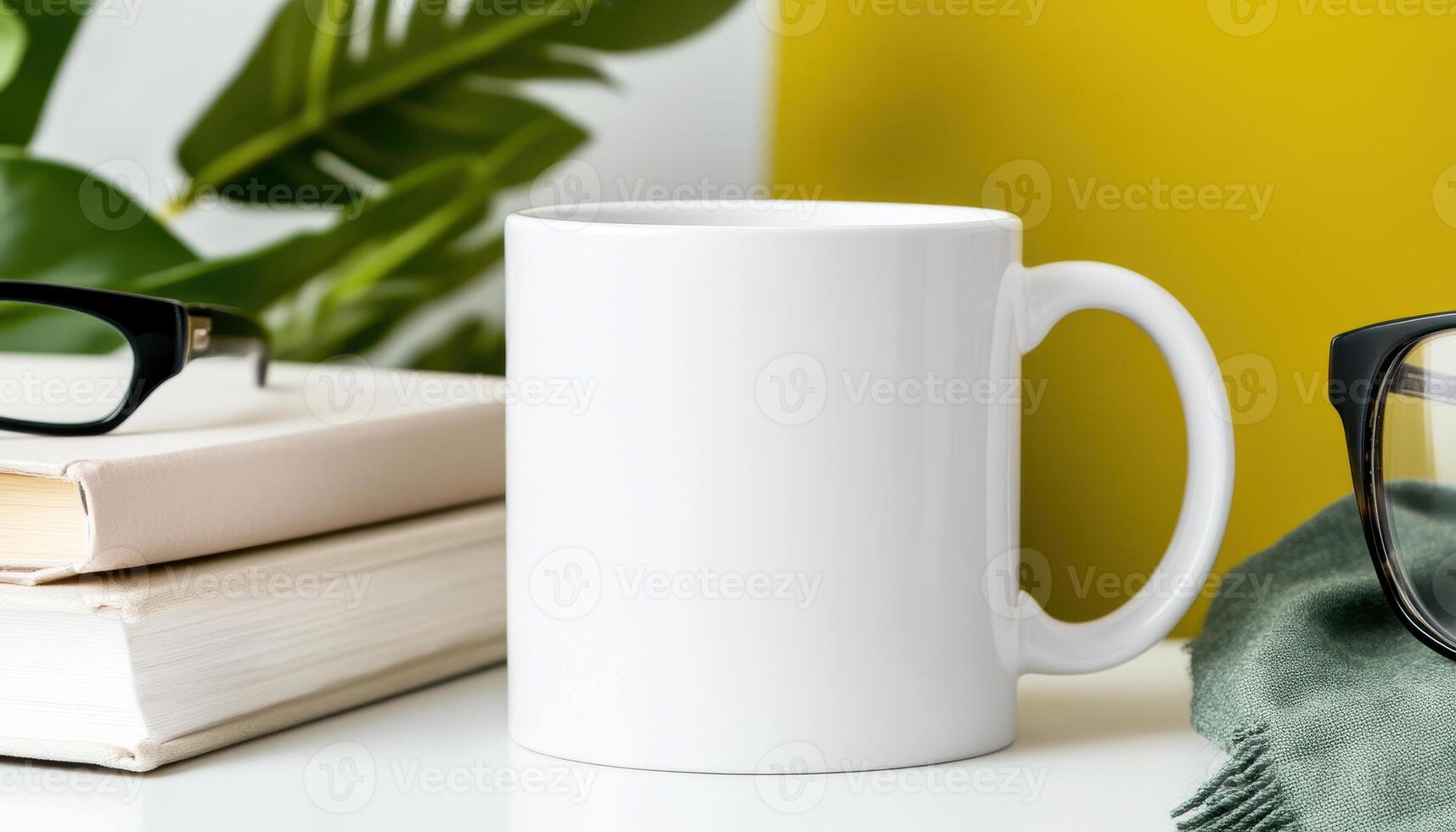 blank white mug placed on table with books and glasses, surrounded by greenery, creating calm and inviting atmosphere photo