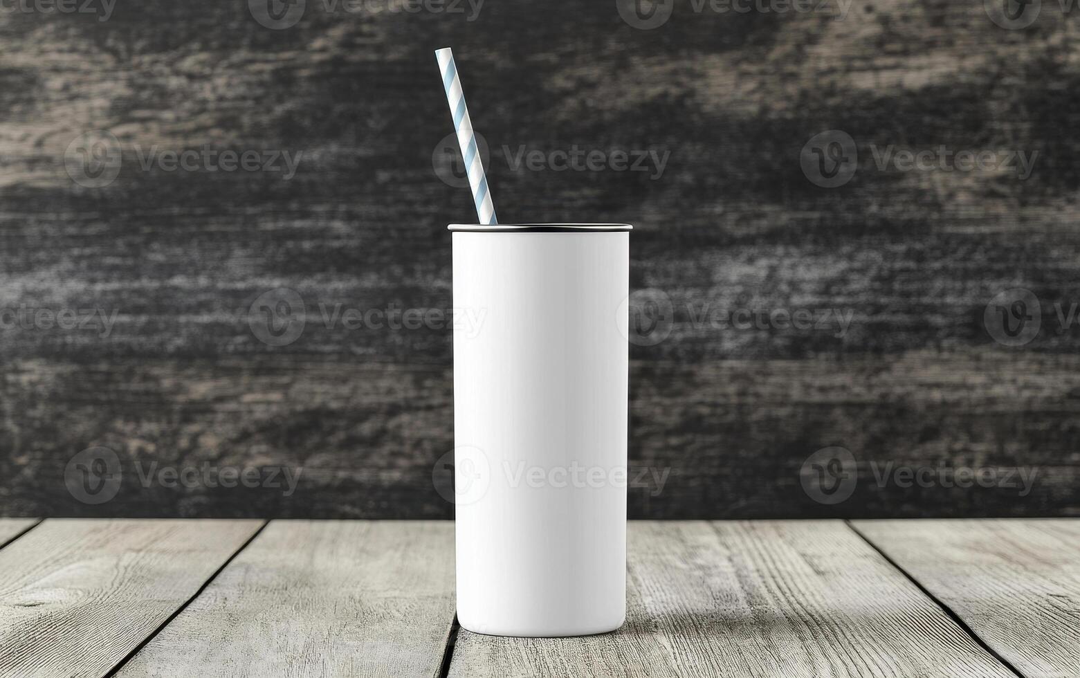 sleek white tumbler with straw on wooden surface, perfect for back to school drinks. Ideal for showcasing custom designs or branding photo