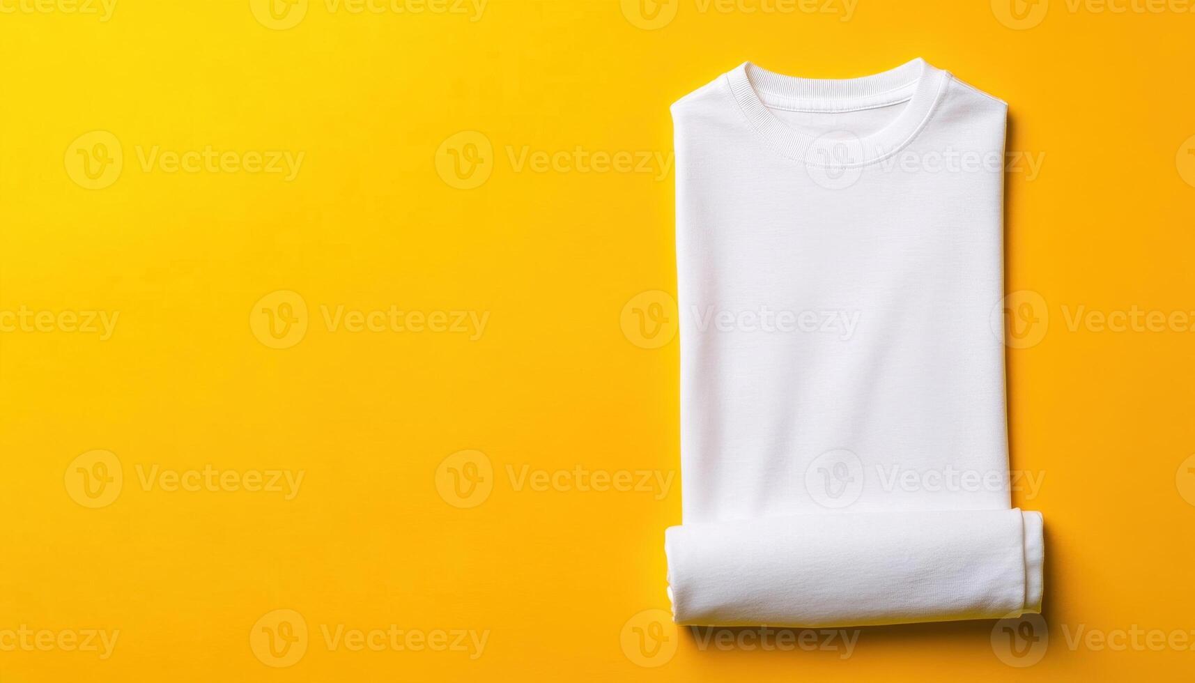 folded white plain t shirt on vibrant yellow background, showcasing simplicity and style. Perfect for casual wear or branding opportunities photo