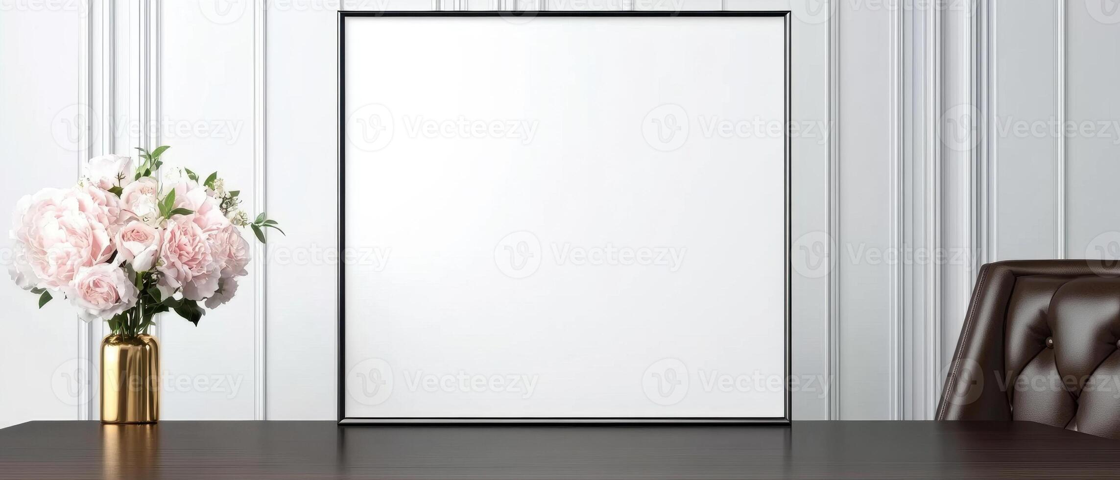 wide white frame mockup in luxurious home office setting, featuring stylish desk and beautiful flower arrangement. Perfect for showcasing artwork or photography photo