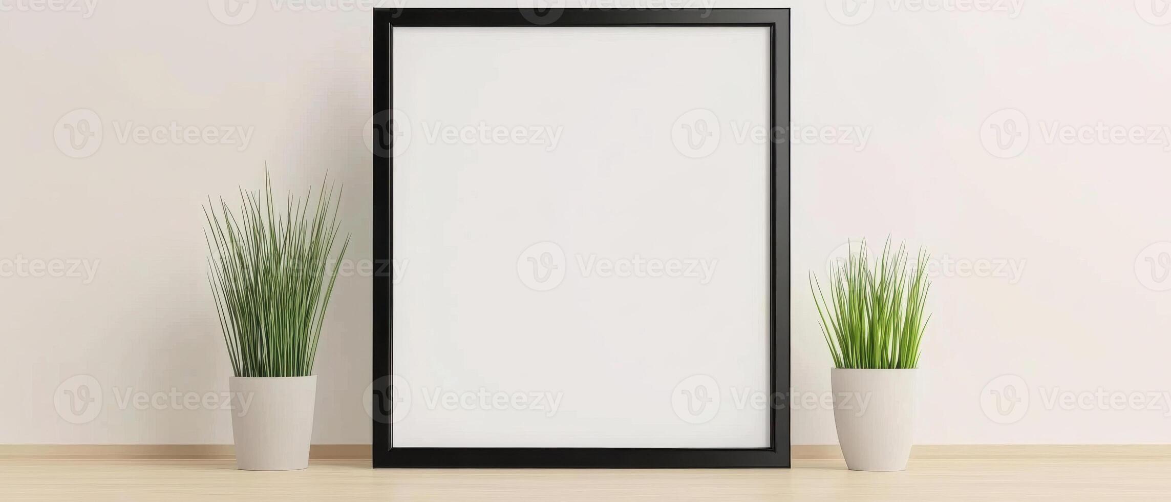 blank black frame mockup in bright, airy living space with green plants on either side, creating fresh and inviting atmosphere photo
