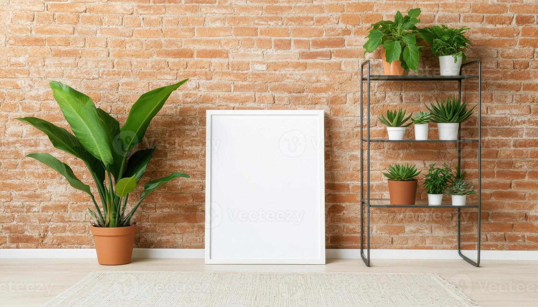 Blank white frame mockup on industrial loft wall with plants and shelf photo