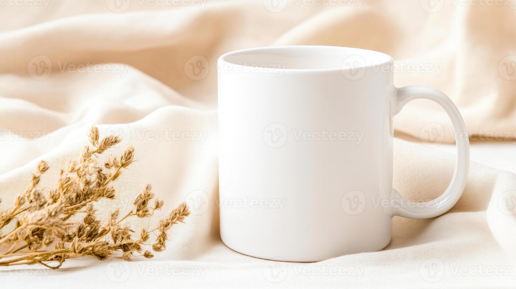 blank white mug sits elegantly on soft, neutral fabric, accompanied by dried flowers, creating serene and minimalist aesthetic photo