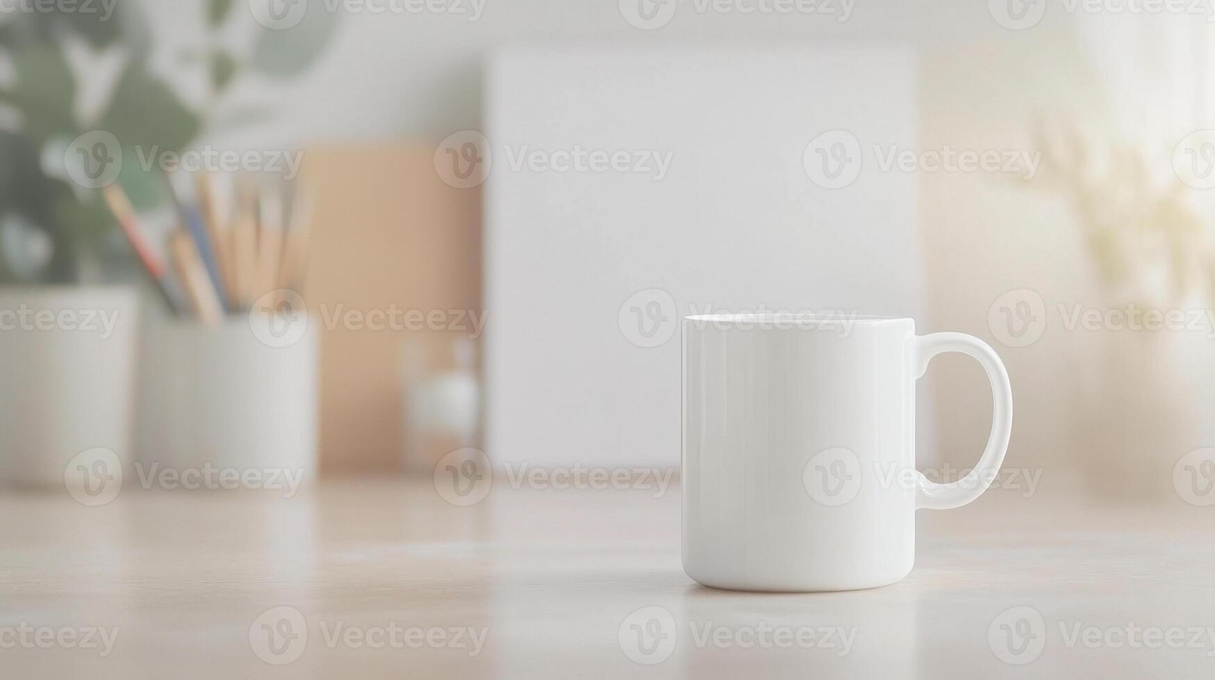blank white mug sits on wooden table in artist studio, surrounded by art supplies and plants, creating serene and creative atmosphere photo