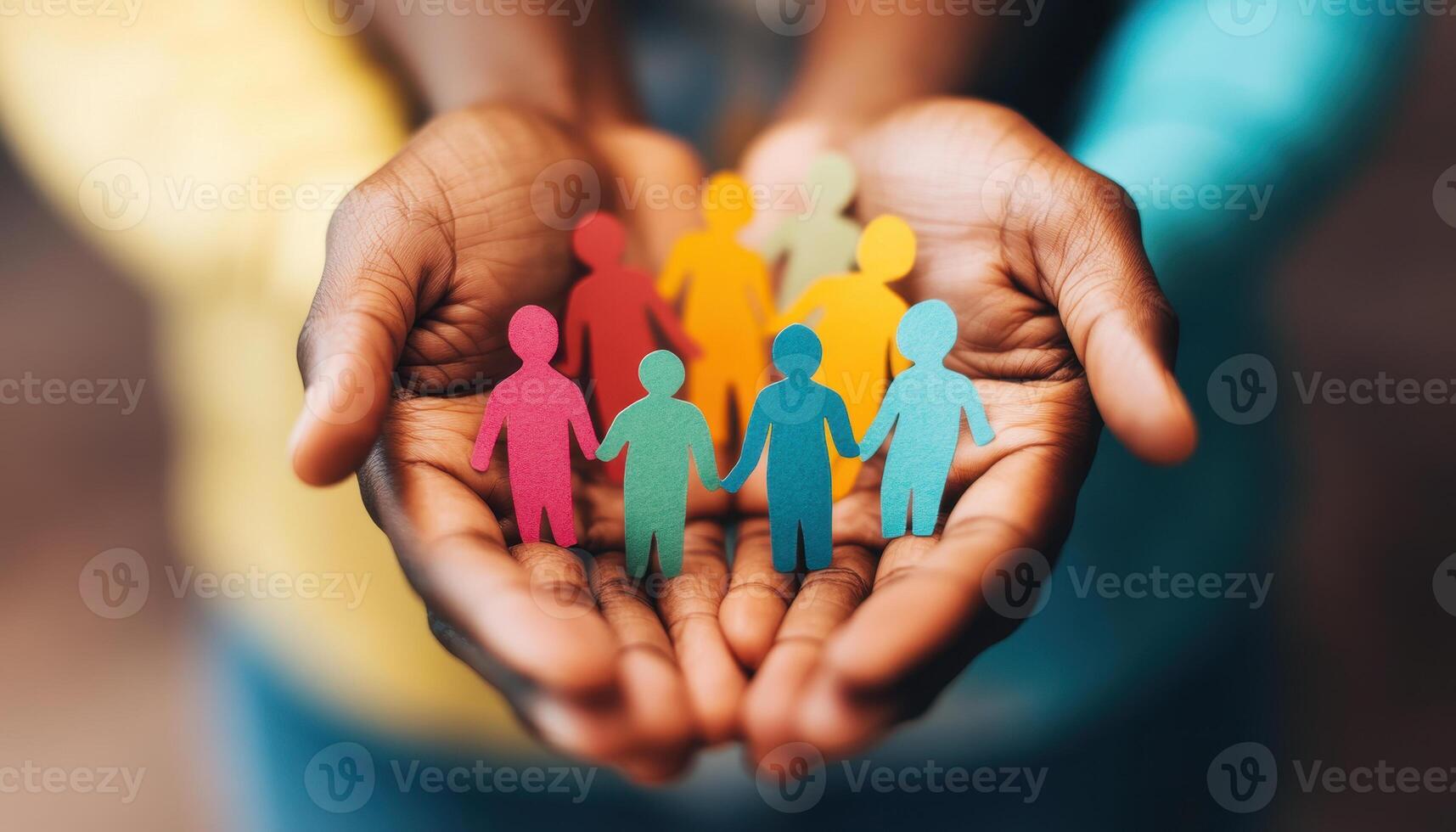 Close up of diverse hands holding colorful paper figures, symbolizing unity and community. vibrant colors represent inclusivity and togetherness photo